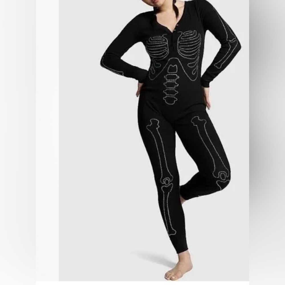Victoria’s Secret PINK Thermal Pajama Black One Piece PJ Bling Skeleton NWT